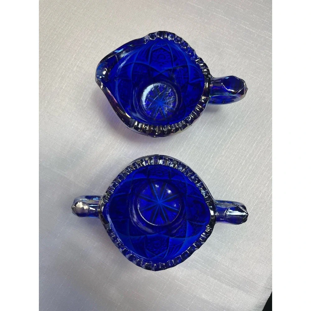 Imperial Carnival Glass Sugar Bowl Creamer Set Cobalt Blue #526 Iridescent Nucuf